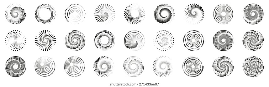 Composições em espiral de meio-tom abstratas feitas de elementos pontilhados. O movimento radial cria profundidade e fluxo visual dinâmico
