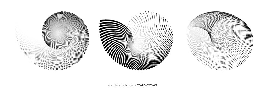 Abstract halftone spiral, geometric dotted Fibonacci spiral and minimalist abstract dotted circle designs.