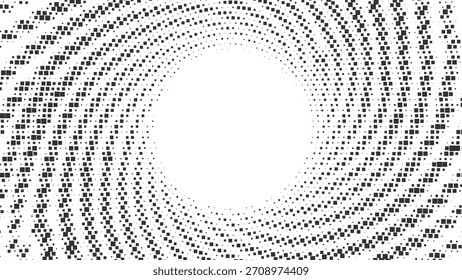 Padrão espiral de meio-tom abstrato com pontos pretos criando um efeito de vórtice dinâmico em um fundo branco limpo, textura digital moderna gráfica Vetor