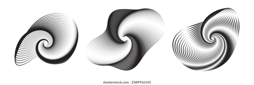 Abstract halftone spiral patterns futuristic dot waveforms.
