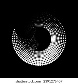 Abstract halftone spiral. Vector halftone dots background for design banners, posters, business projects, pop art texture, covers. Geometric black and white texture.