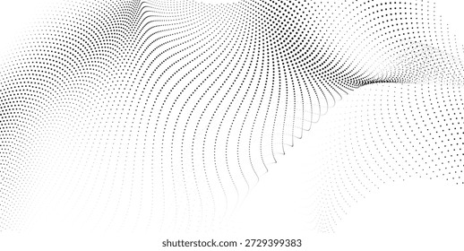 Ilustração de vetor de onda espiral de meio-tom abstrato com padrão de movimento pontilhado fluindo no fundo branco para projetos de design editorial e digital de marca moderna