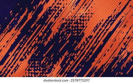 Abstract Halftone Splash, Dynamic Orange Strokes on a Dark Blue Dotted Background, Creating a Visually Compelling and Textured Modern Art Piece