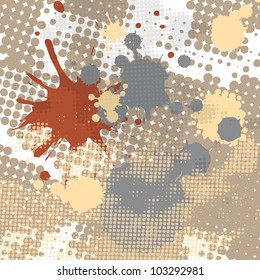 Abstract halftone and splattered spot drops grunge vector background.