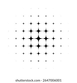 Abstract halftone star dotted round pattern. Black geometric shape with gradient effect on transparent background. Minimalistic, futuristic, graphic vector illustration.