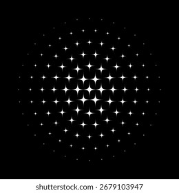 Abstrakter Halbtonstern, gepunktetes rundes Muster. Weiße geometrische Form mit Farbverlauf-Effekt auf schwarzem Hintergrund. Minimalistische, futuristische, grafische Vektorgrafik.