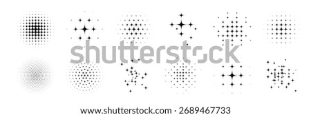 Abstract halftone star dotted round patterns. Black geometric shapes with gradient effect on transparent background. Minimalistic, futuristic, graphic vector illustrations set.