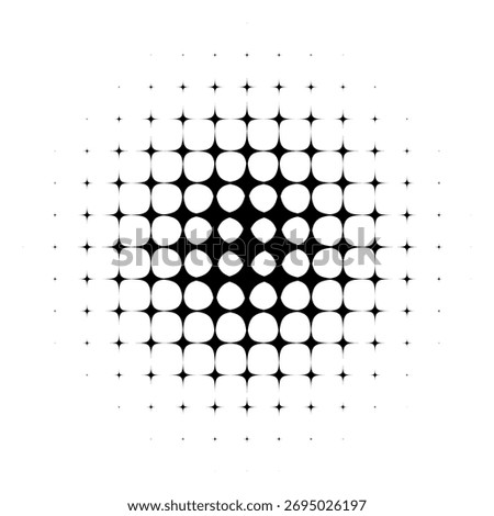 Abstract halftone star dotted round pattern. Black geometric shape with gradient effect on transparent background. Minimalistic, futuristic, graphic vector illustration.
