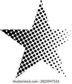 Abstract halftone star graphic featuring a dynamic gradient of black circular dots that vary in size and density across a five-point star silhouette. The monochrome black and white design combines geometric structure with a retro print, pop art, and comic-inspired aesthetic. The fading dotted effect creates visual depth while maintaining a clean isolated composition. Suitable for posters, stickers, apparel graphics, branding, advertising, packaging, editorial layouts, digital artwork, screen printing, and decorative design projects. This versatile star element can be used as a bold graphic accent or contemporary vintage-inspired visual resource.
