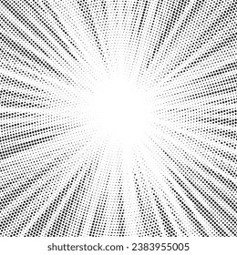 Abstract halftone sunburst background. Pop art comic book strip cover design. Explosion, isolated retro style comics radial background.