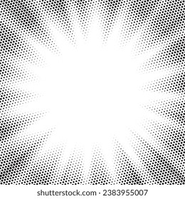Abstract halftone sunburst background. Pop art comic book strip cover design. Explosion, isolated retro style comics radial background.