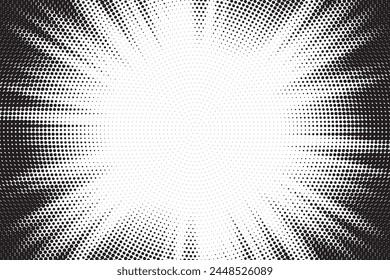 Abstract halftone sunburst background. Pop art comic book strip cover design. Explosion, isolated retro style comics radial background.