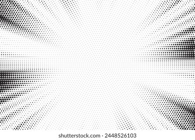 Abstract halftone sunburst background. Pop art comic book strip cover design. Explosion, isolated retro style comics radial background.