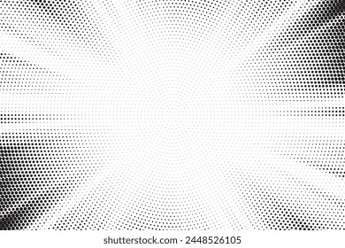 Abstract halftone sunburst background. Pop art comic book strip cover design. Explosion, isolated retro style comics radial background.