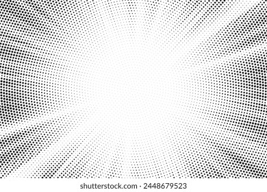 Abstrakter Halbton-Sunburst-Hintergrund. Pop Art Comic Strip Cover Design. Explosion, isolierte Retro-Stil Comics radialer Hintergrund.