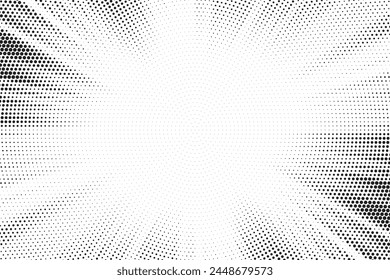 Abstract halftone sunburst background. Pop art comic book strip cover design. Explosion, isolated retro style comics radial background.