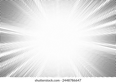 Abstract halftone sunburst background. Pop art comic book strip cover design. Explosion, isolated retro style comics radial background.