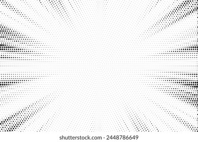 Abstract halftone sunburst background. Pop art comic book strip cover design. Explosion, isolated retro style comics radial background.