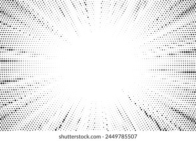 Abstract halftone sunburst background. Pop art comic book strip cover design. Explosion, isolated retro style comics radial background.