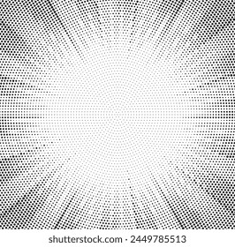 Abstract halftone sunburst background. Pop art comic book strip cover design. Explosion, isolated retro style comics radial background.