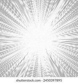 Abstrakter Halbton-Sunburst-Hintergrund. Pop Art Comic Strip Cover Design. Explosion, isolierte Retro-Stil Comics radialer Hintergrund.