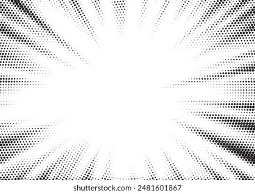 Abstract halftone sunburst background. Pop art comic book strip cover design. Explosion, isolated retro style comics radial background.