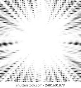 Abstract halftone sunburst background. Pop art comic book strip cover design. Explosion, isolated retro style comics radial background.