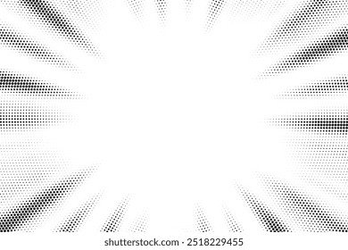 Abstract halftone sunburst background. Pop art comic book strip cover design. Explosion, isolated retro style comics radial background.	