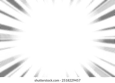 Abstract halftone sunburst background. Pop art comic book strip cover design. Explosion, isolated retro style comics radial background.	