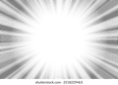 Abstract halftone sunburst background. Pop art comic book strip cover design. Explosion, isolated retro style comics radial background.	