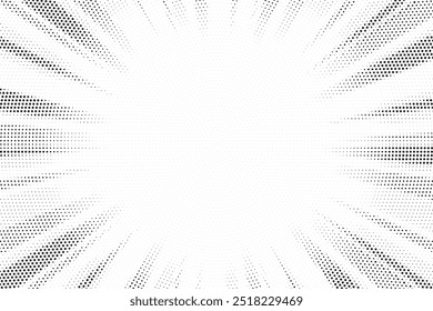 Abstract halftone sunburst background. Pop art comic book strip cover design. Explosion, isolated retro style comics radial background.	