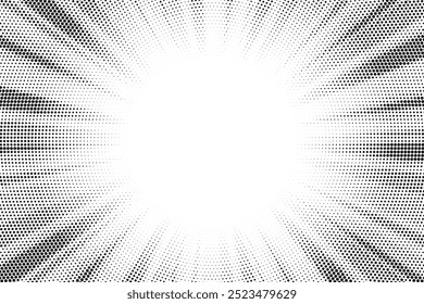 Abstract halftone sunburst background. Pop art comic book strip cover design. Explosion, isolated retro style comics radial background.	