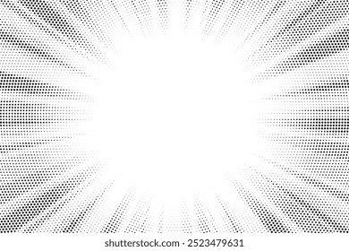 Abstract halftone sunburst background. Pop art comic book strip cover design. Explosion, isolated retro style comics radial background.	