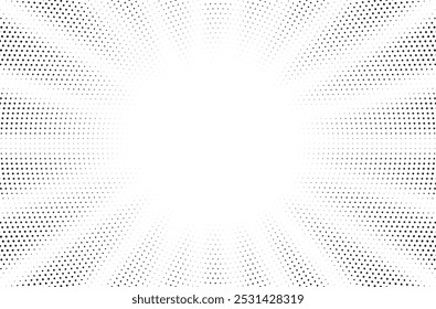 Abstract halftone sunburst background. Pop art comic book strip cover design. Explosion, isolated retro style comics radial background.