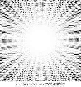 Abstract halftone sunburst background. Pop art comic book strip cover design. Explosion, isolated retro style comics radial background.