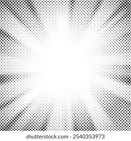 Abstract halftone sunburst background. Pop art comic book strip cover design. Explosion, isolated retro style comics radial background.