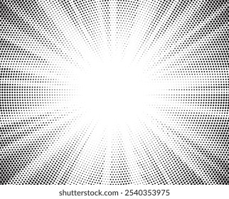 Abstract halftone sunburst background. Pop art comic book strip cover design. Explosion, isolated retro style comics radial background.