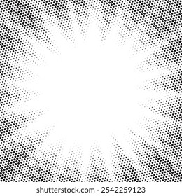 Abstract halftone sunburst background. Pop art comic book strip cover design. Explosion, isolated retro style comics radial background.	