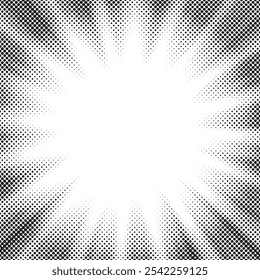 Abstract halftone sunburst background. Pop art comic book strip cover design. Explosion, isolated retro style comics radial background.	