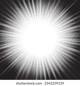 Abstract halftone sunburst background. Pop art comic book strip cover design. Explosion, isolated retro style comics radial background.	