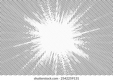 Abstract halftone sunburst background. Pop art comic book strip cover design. Explosion, isolated retro style comics radial background.	