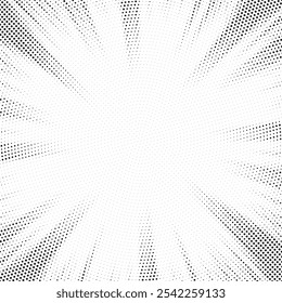 Abstract halftone sunburst background. Pop art comic book strip cover design. Explosion, isolated retro style comics radial background.	