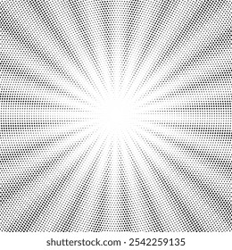 Abstract halftone sunburst background. Pop art comic book strip cover design. Explosion, isolated retro style comics radial background.	