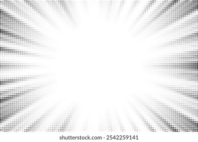 Abstract halftone sunburst background. Pop art comic book strip cover design. Explosion, isolated retro style comics radial background.	