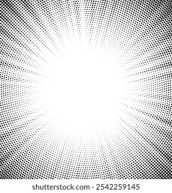 Abstract halftone sunburst background. Pop art comic book strip cover design. Explosion, isolated retro style comics radial background.	