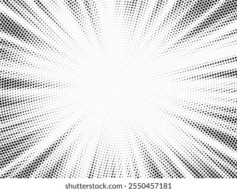 Abstract halftone sunburst background. Pop art comic book strip cover design. Explosion, isolated retro style comics radial background.