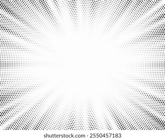 Abstract halftone sunburst background. Pop art comic book strip cover design. Explosion, isolated retro style comics radial background.