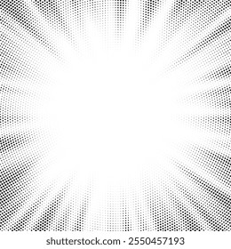 Abstract halftone sunburst background. Pop art comic book strip cover design. Explosion, isolated retro style comics radial background.