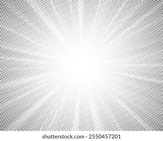 Abstract halftone sunburst background. Pop art comic book strip cover design. Explosion, isolated retro style comics radial background.