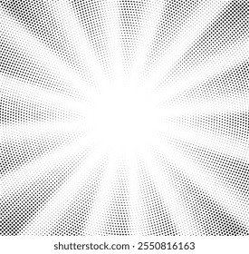 Abstract halftone sunburst background. Pop art comic book strip cover design. Explosion, isolated retro style comics radial background.